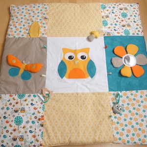 Tappetino da gioco sensoriale Oeko Tex per bambini con specchio, tema gufo, fiore, farfalla, tappetino da gioco gufo, Montessori, senape, tortora, blu anatra
