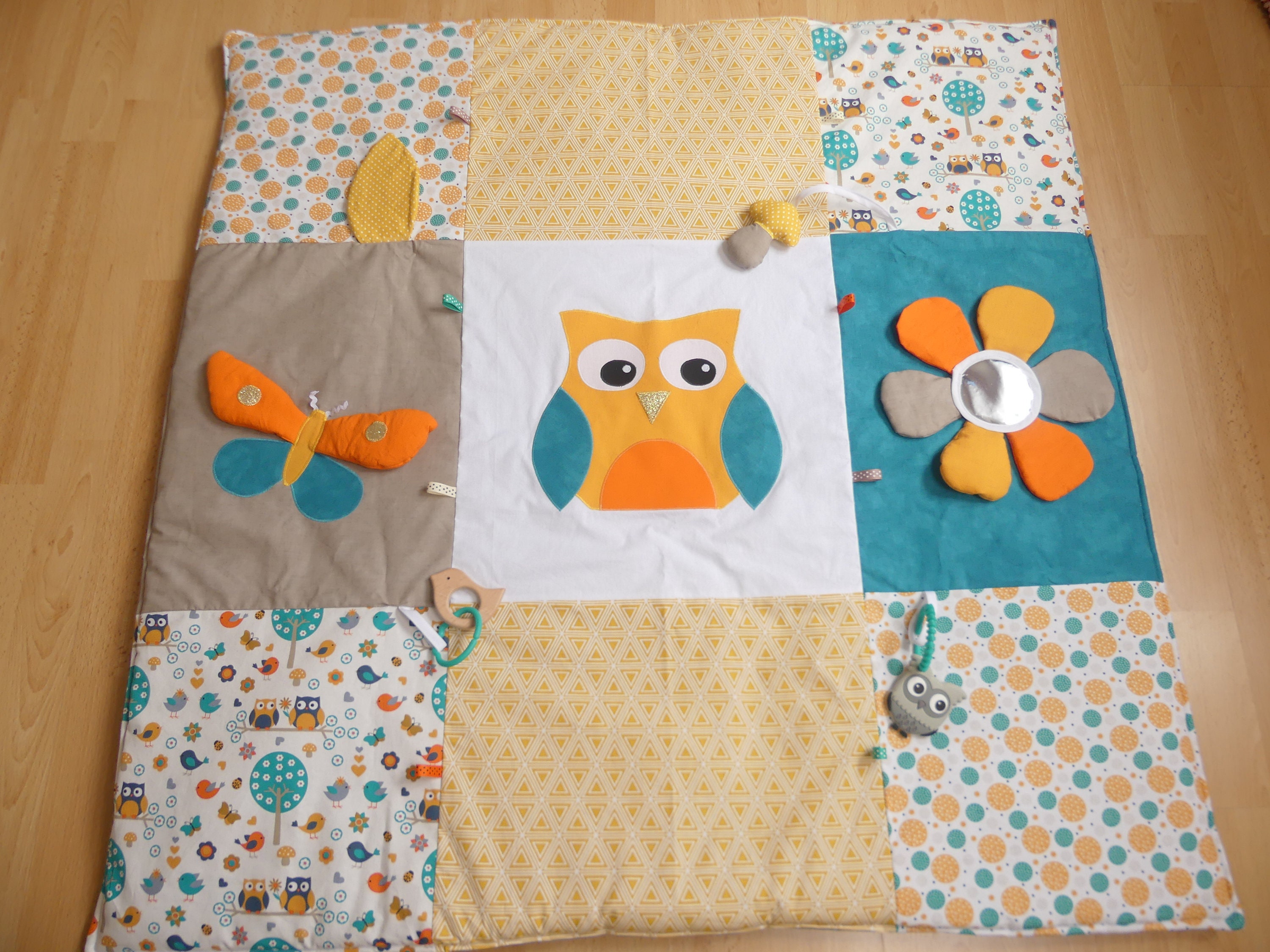 Tapis d'éveil oeko tex sensoriel pour bébé avec miroir,thème hibou