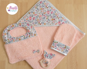 Liberty birth box, bath cape + washcloth + bib + teething ring