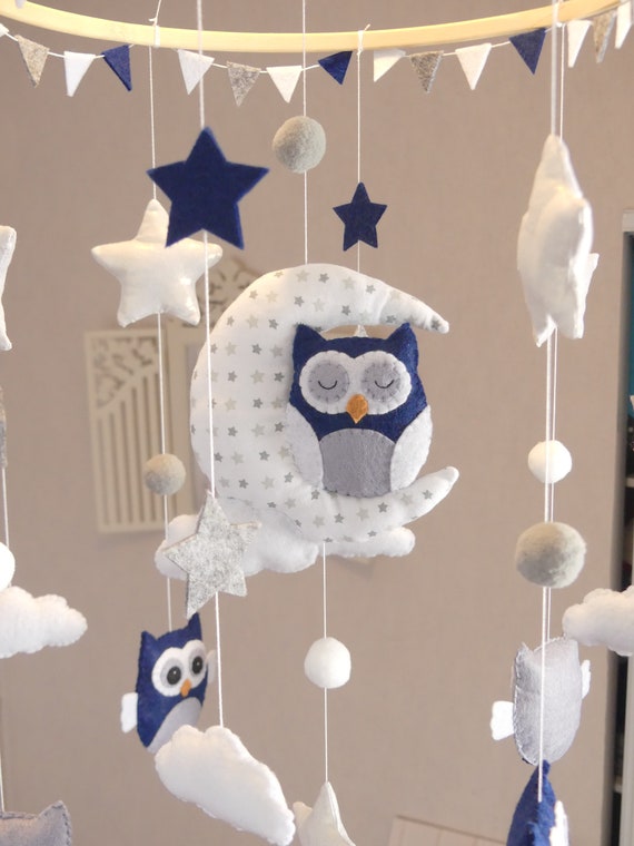 Large Mobile In Felt Owls Clouds Stars For Baby Room Or Etsy Canada