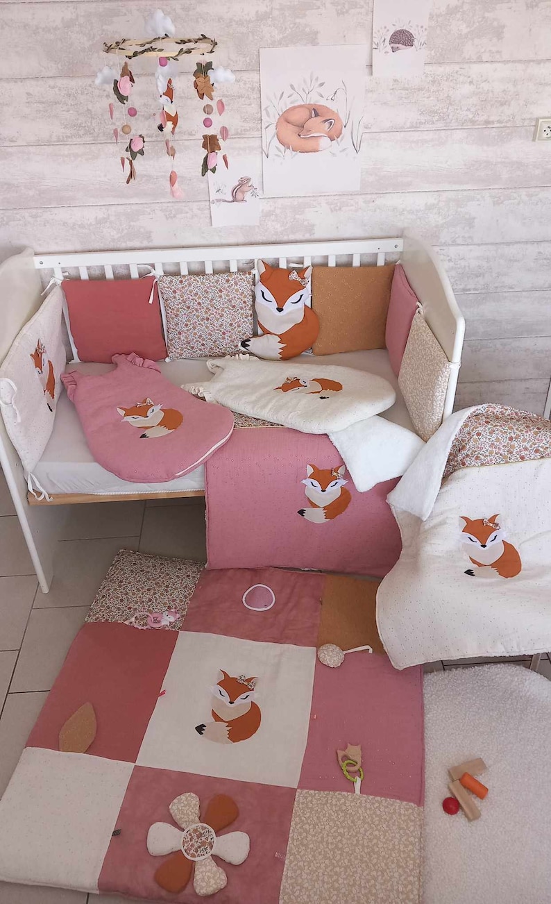 Panneaux de lit bébé renarde,7 panneaux en coton,gaze rose thé,camel,écru,fleuri,tour de lit,tissu OEKO TEX image 10