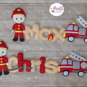 guirnalda de nombre de fieltro CON personaje para habitación de bebé y niño, tema bombero, móvil de fieltro