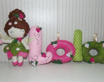 felt first name garland WITH character for baby and child's room, flower fairy theme, felt mobile