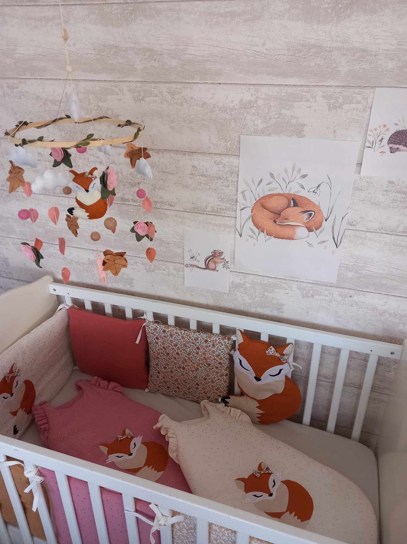 Panneaux de lit bébé renarde,7 panneaux en coton,gaze rose thé,camel,écru,fleuri,tour de lit,tissu OEKO TEX image 7