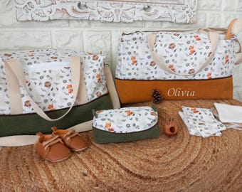 Large diaper bag, wipes and travel kit with a forest animal theme