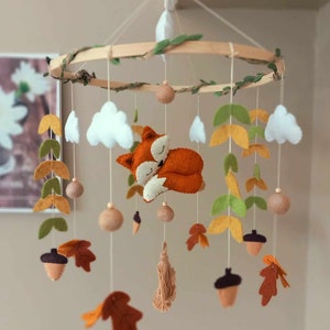 Felt mobile fox, clouds, leaves, autumn, forest for baby or child&#39;s room to hang. Baby room decoration, mobile