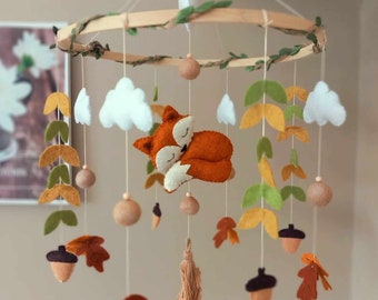 Felt mobile fox, clouds, leaves, autumn, forest for baby or child's room to hang. Baby room decoration, mobile
