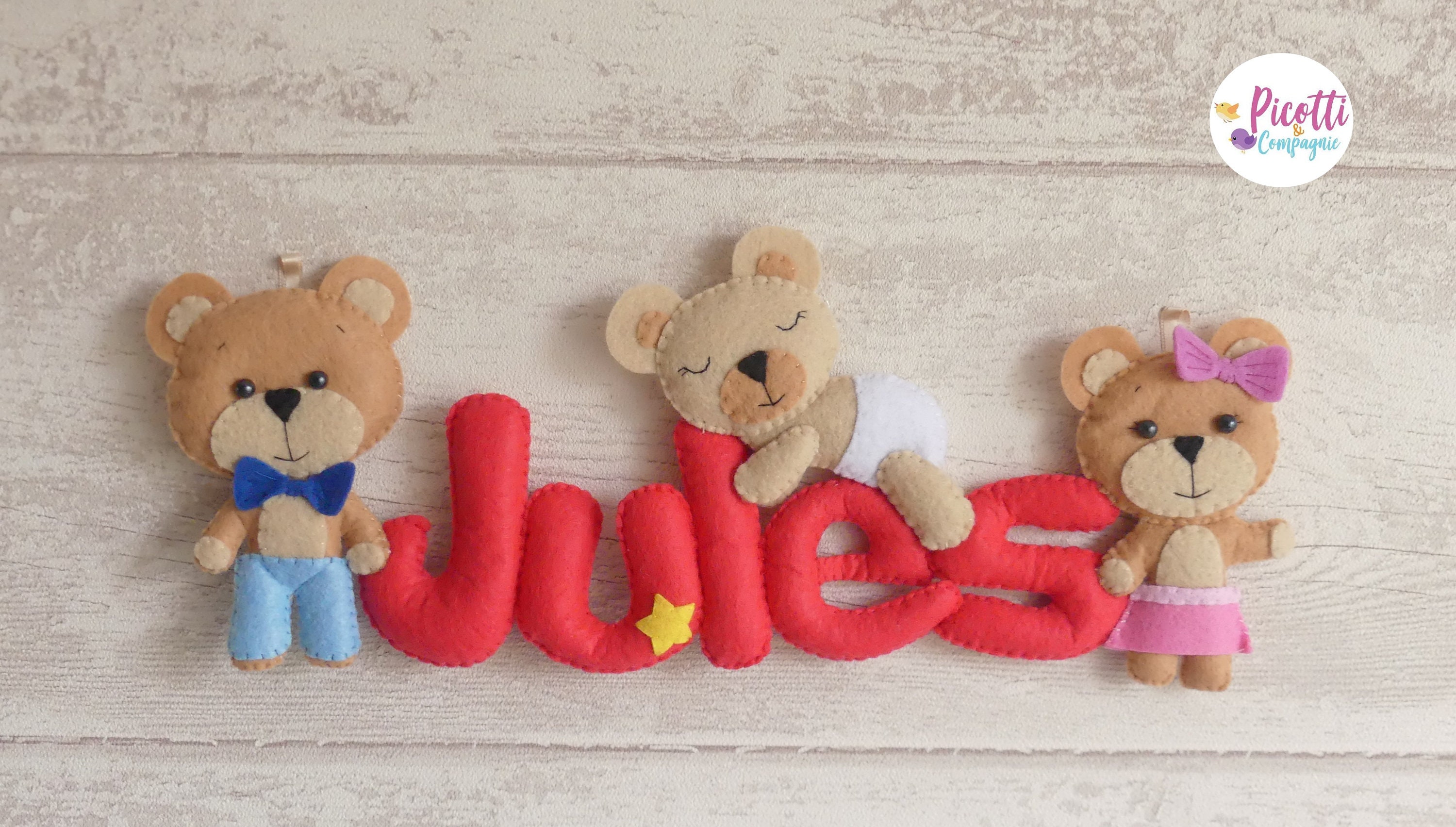 Guirlande Prénom en Feutrine Décorative avec Personnage Pour Chambre de Bébé et d'enfant, Thème Ours