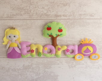 felt first name garland WITH character for baby and child's room, princess theme, felt mobile