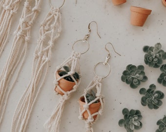 Macrame Plant Hanger Earrings | Boho Terra-cotta Planter, Faux Succulent