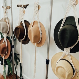 Macrame Hat Hanger | Handmade Modern Macrame Boho Rose Driftwood 1 Single Wide Brim Hat Holder Rack Wall Hanging
