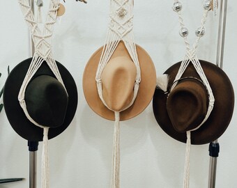 Macrame Hat Hanger | Handmade Modern Macrame 70s Boho Disco Ball Driftwood 1 Hat Holder Rack Wall Hanging