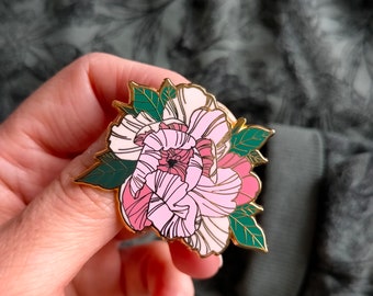 Broche émail rose Pivoine