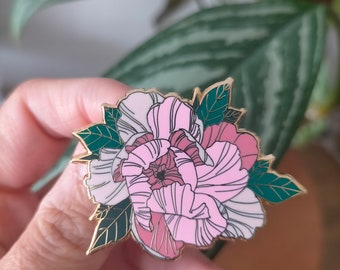 Broche émail rose Pivoine