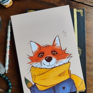 Grande carte postale illustration renard gros plan automne Inktober