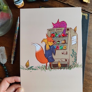 Grande Carte Postale Illustration Renard und Chat du Cheshire Vertreiber der Goûters Inktober Snacks