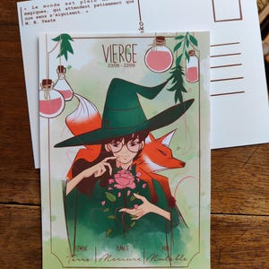 Grande carte postale signe astrologique Vierge Vierge sorcière verte et son renard
