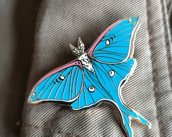 Broche émail papillon de nuit bleu