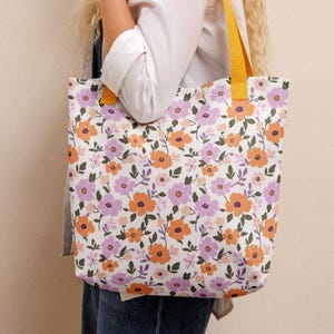 Maxi purple floral tote bag, Beautiful Modern allover big flower shoulder bag