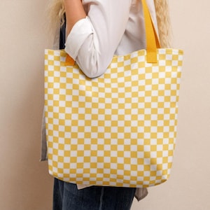 Yellow checks allover print tote bag, Genderless yellow checkered shoulder bag