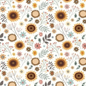 Delicate sunflowers cotton fabric, Cottagecore floral print fabric