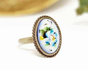 7 3/4 Porcelain ring, Blue flower ring, Vintage jewelry gift for women, Vintage silver ring