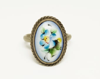 7 3/4 Porcelain ring, Blue flower ring, Vintage jewelry gift for women, Vintage silver ring