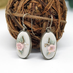 Pink sakura jewelry, Ceramic vintage silver plated earrings, Porcelain earrings, Wife jewelry idea, Vintage earrings