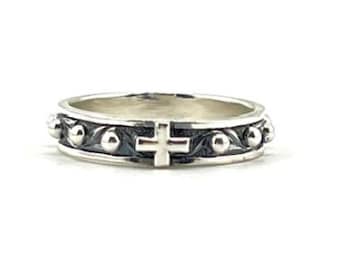 Sterling Silver Rosary Ring, 925 Decade Prayer Band, Christian Cross Ring for Men and Women, Spiritual Gift