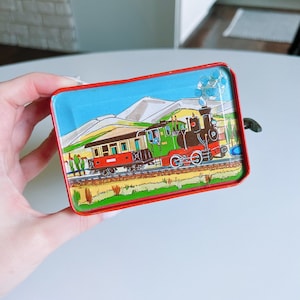 Vintage Western Germany Litho Tin Toy Wind Up Music Box Train Railroad Scene