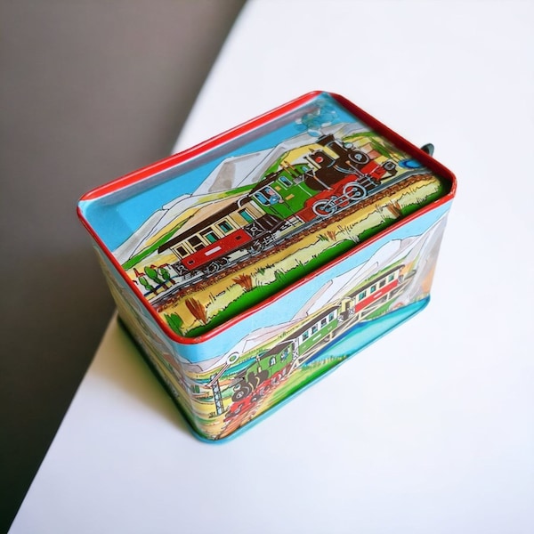 Vintage Western Germany Litho Tin Toy Wind Up Music Box Train Railroad Scene