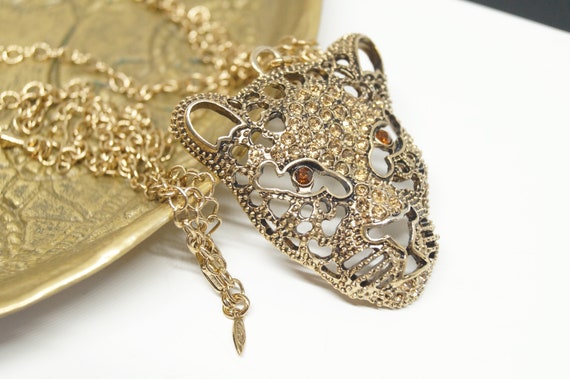 Avon extra long panther necklace, Gold rhinestone… - image 3