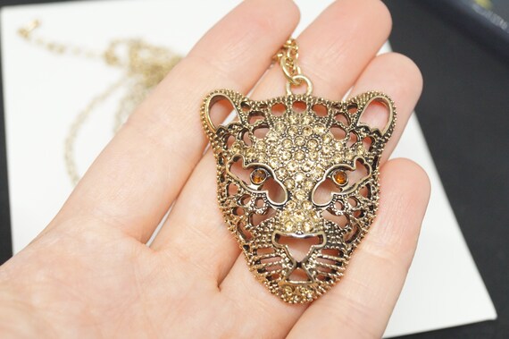 Avon extra long panther necklace, Gold rhinestone… - image 4