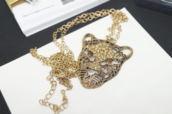 Avon extra long panther necklace, Gold rhinestone… - image 1