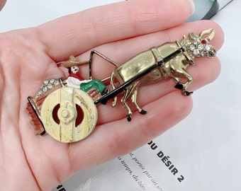 Vintage Mexican Man in Carriage Brooch Pin