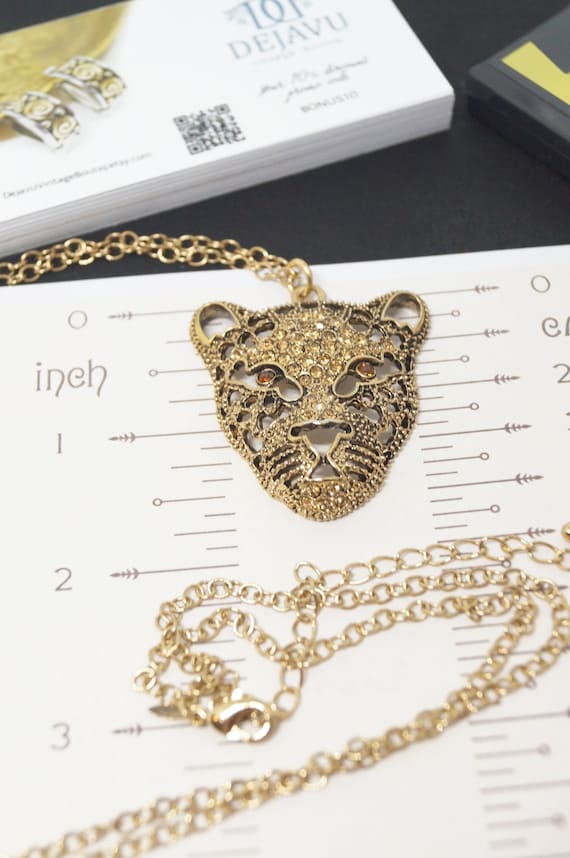Avon extra long panther necklace, Gold rhinestone… - image 6