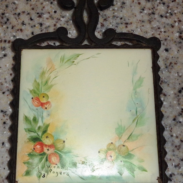 Hand painted Japanese cast iron trivet with German tile signed by artist 1973