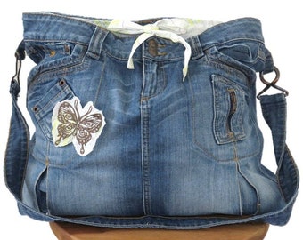 Shopper denim 'Butterfly' - fait main - jeans - denim - sac de plage - sac fourre-tout - cross body - upcycle - recycle - durable - réutilisation