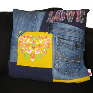 Decorative cushion LOVE denim - handmade - unique - jeans - denim - upcycle - recycle - reuse - durable - decorative cushion - ollyandko