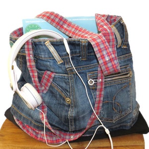 Shoulder bag denim and red diamond - handmade - jeans - denim - crossbody bag - handbag - upcycle - recycle - sustainable - reuse