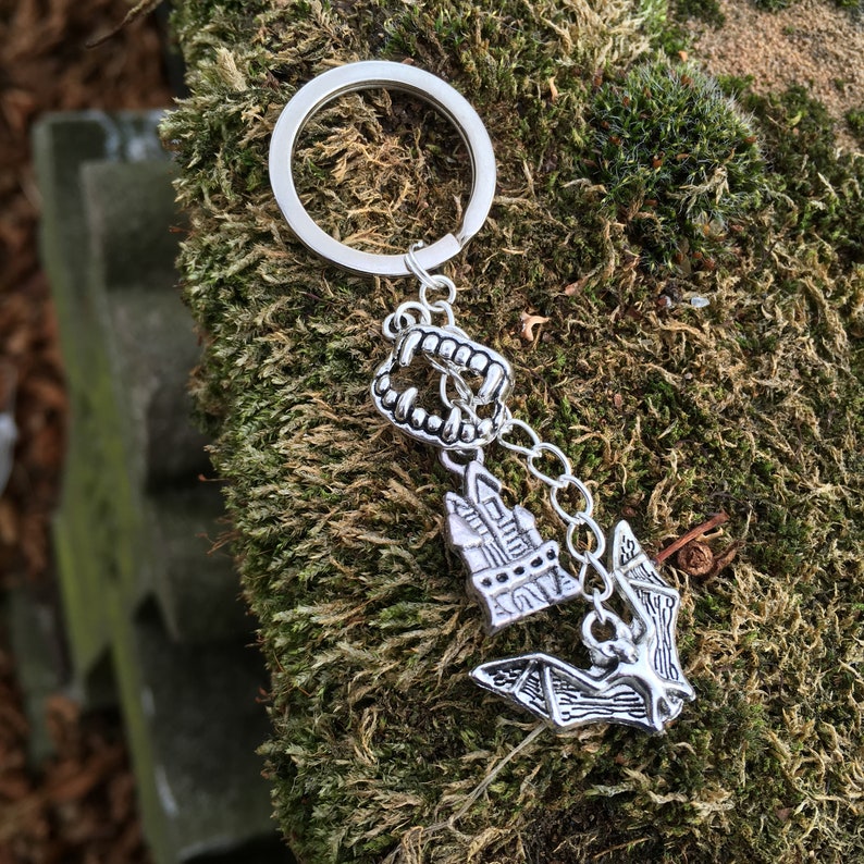 May include: Silver keychain with a bat, a small house, and a set of fangs hanging from a silver ring. The keychain is on a green mossy surface.