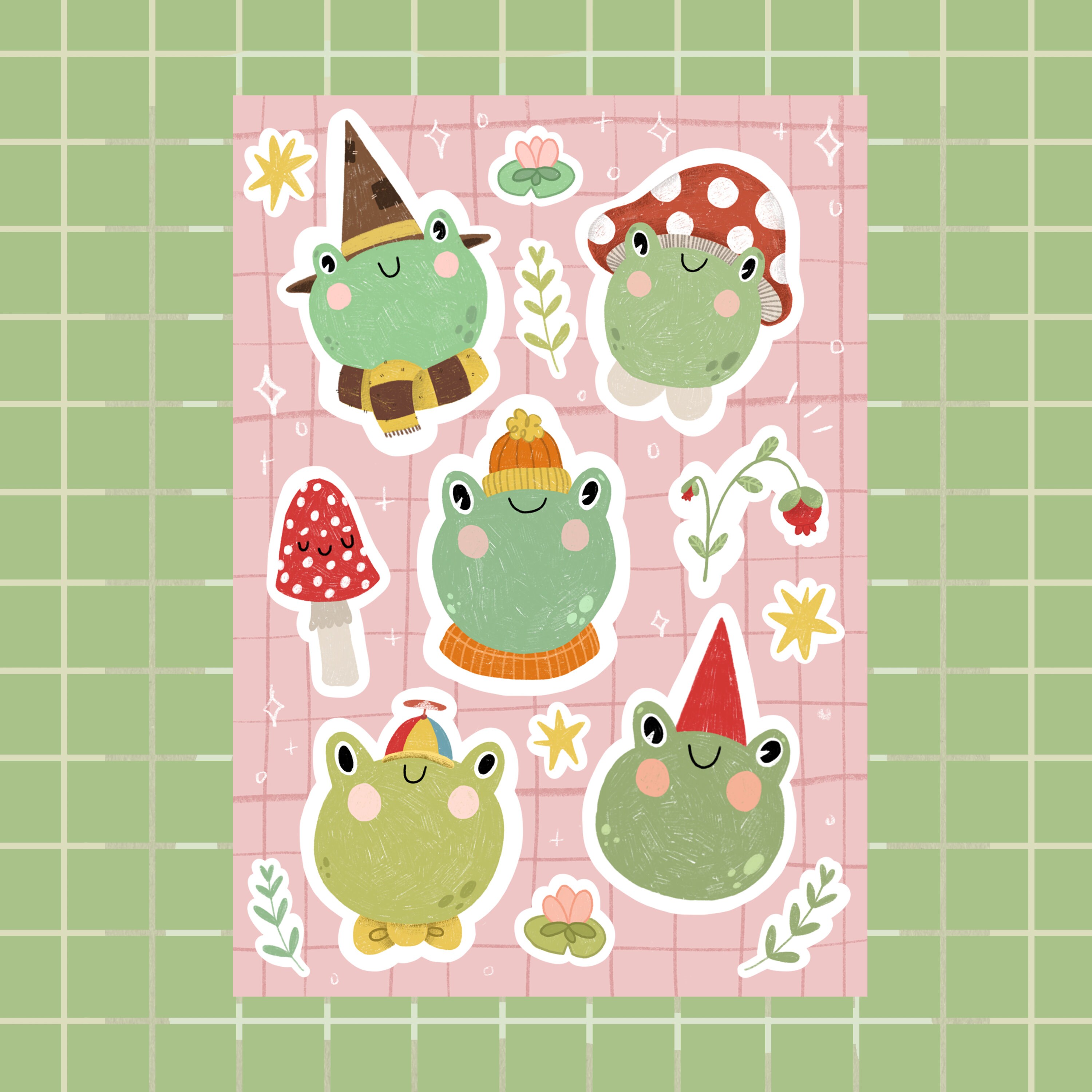 Frogs in Hats - White Vinyl Sticker Sheet
