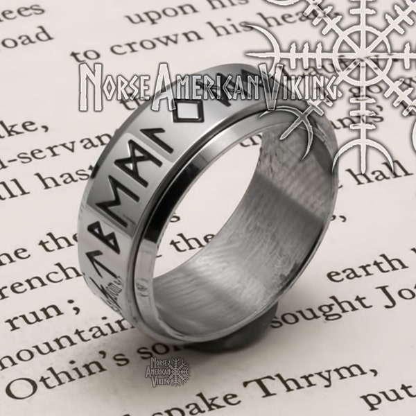 Viking Elder Futhark Rune Ring 9mm Band Spinner 316L Stainless Steel