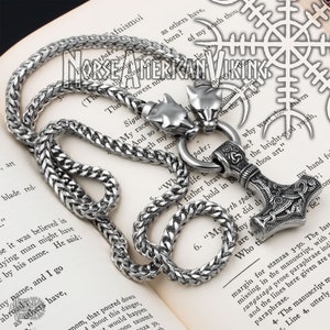 Viking Mjolnir Thor's Hammer King Wolf Foxtail Necklace 316L Stainless Steel