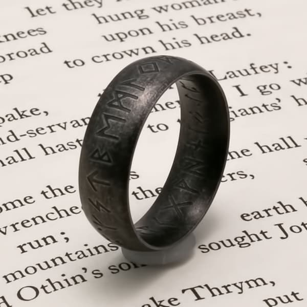 Viking Elder Futhark Rune Ring 7mm Band Ancient Dark 316L Stainless Steel