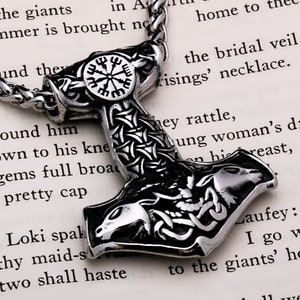 Viking Mjolnir Thor's Hammer Vegvisir Goat Head Stainless Steel Pendant Necklace