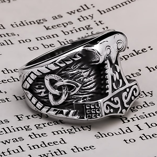 Viking Mjolnir Thor's Hammer Trinity Knot Ring 316L Stainless Steel