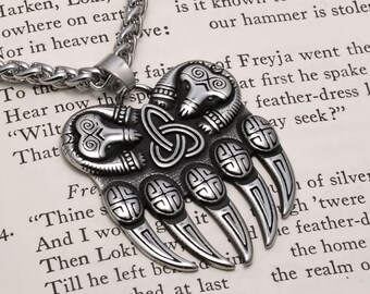 MENDEL Men's Viking Trinity Knot Bear Claw Pendant Necklace – Stainless Steel, 25 Inch, Silver Tone