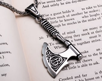 Viking Axe Knurled Handle Stainless Steel Pendant Necklace