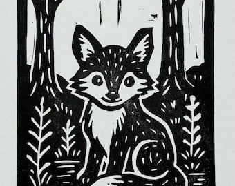 SPECTATOR- Hand Carved Fox Linoleum Block Print – Woodland Wildlife Art 5”x7”